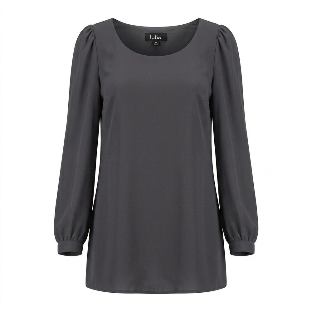 Lulus Gray Scoop Neck Puff Sleeve Lined Tunic Blouse Top Women Size M